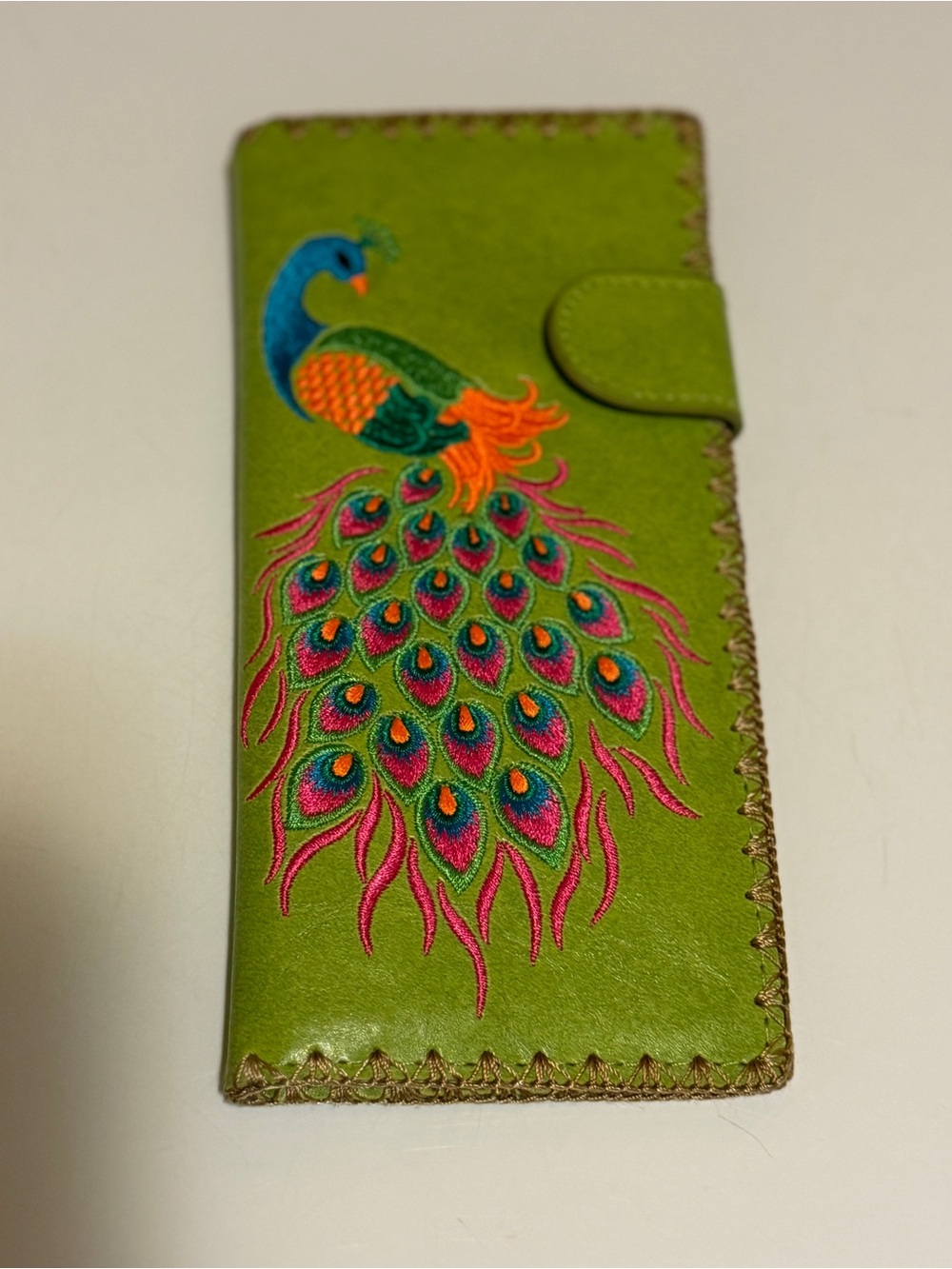 LAVISHY Embroidered Peacock Large Vegan Leather Wallet - Lime Green